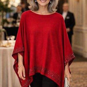 Chico's Bateau Embellished Sweater Poncho Womens L/XL Red Wild Poppy Knit Cotton